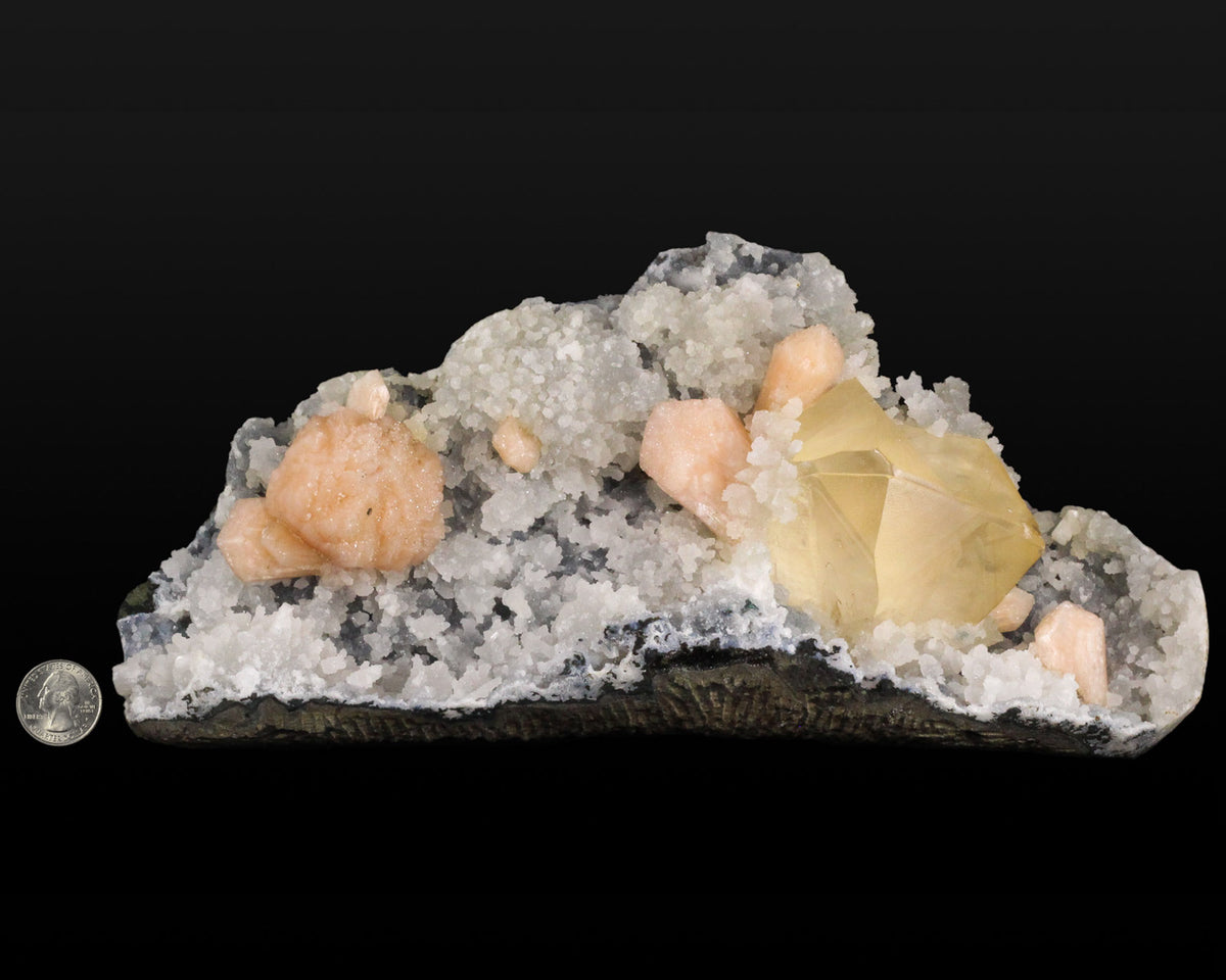 Calcite, Stilbite on Chalcedony and Quartz