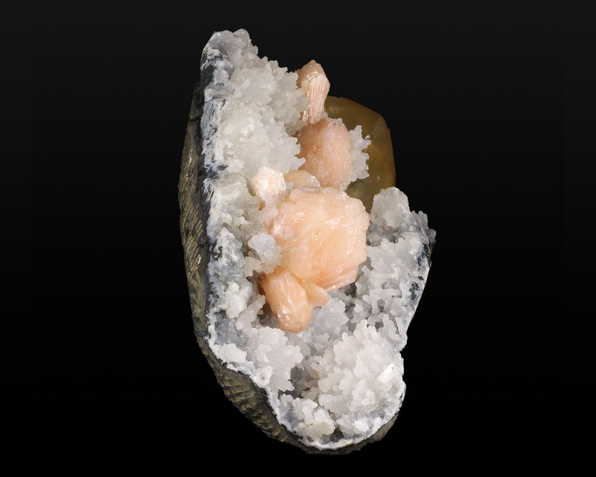 Calcite, Stilbite on Chalcedony and Quartz